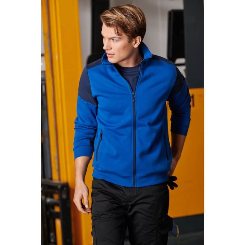 Gilet sweat bicolore zippe homme col polo Prime Printer bleu vue 1 cotepro.fr