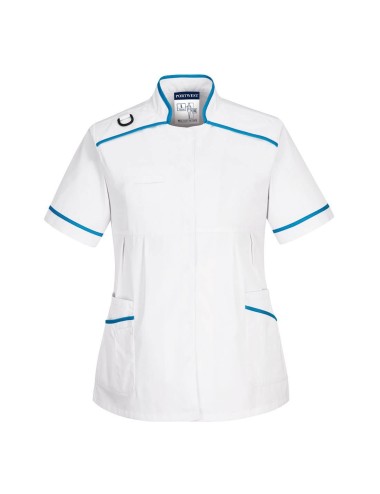 Tunique manches courtes femme travail coupe maternite LW22 Portwest blanc bleu ciel cotepro.fr